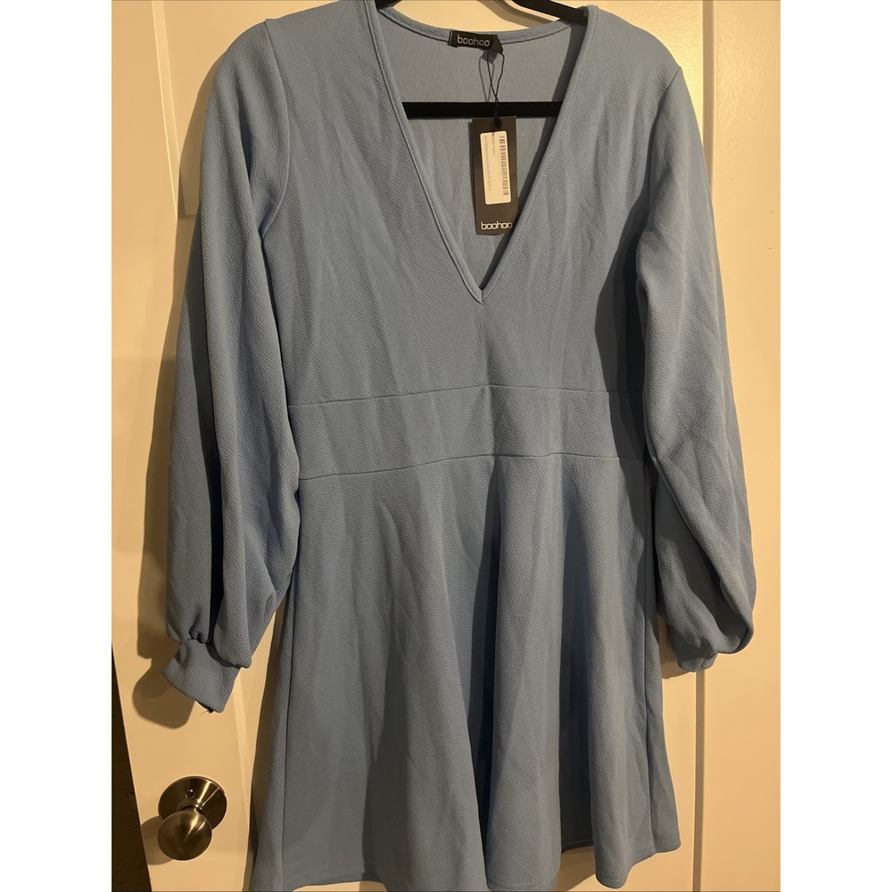 Boohoo Plus Puff Sleeve Skater Dress Pastel Blue Fit & Flare Mini Womens 16 NWT
